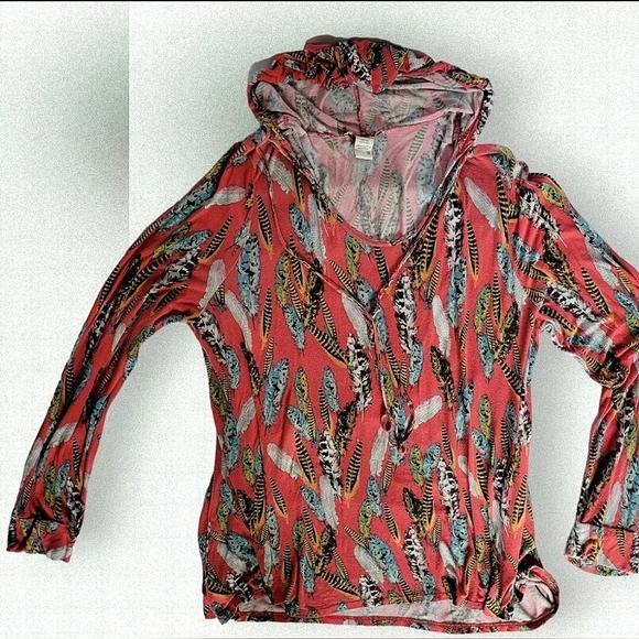 American Rag Feather Pattern Hoodie Shirt Soft Stretchy BOHO  Size 1X - Picture 1 of 9